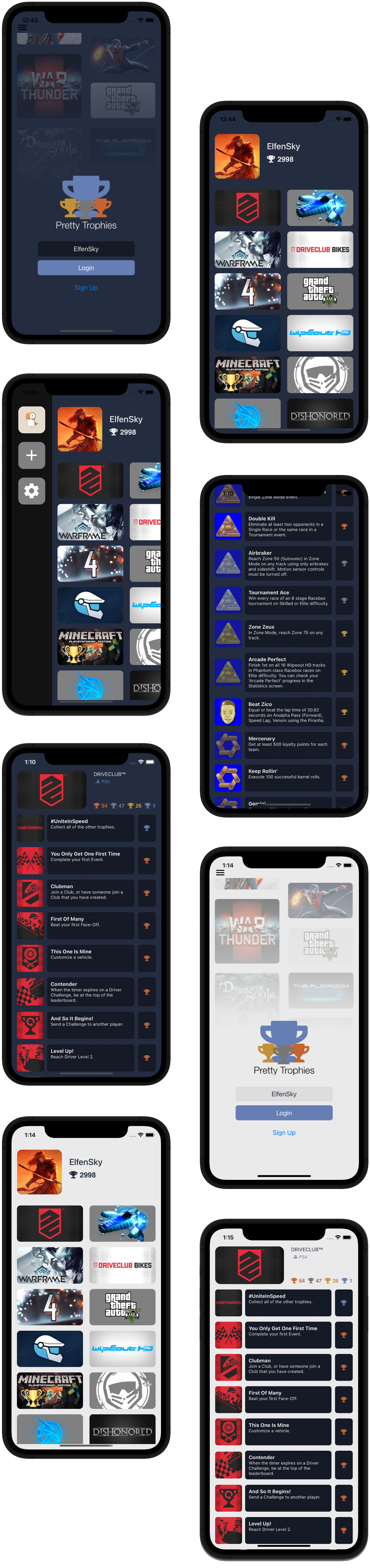 PrettyTrophies app screens