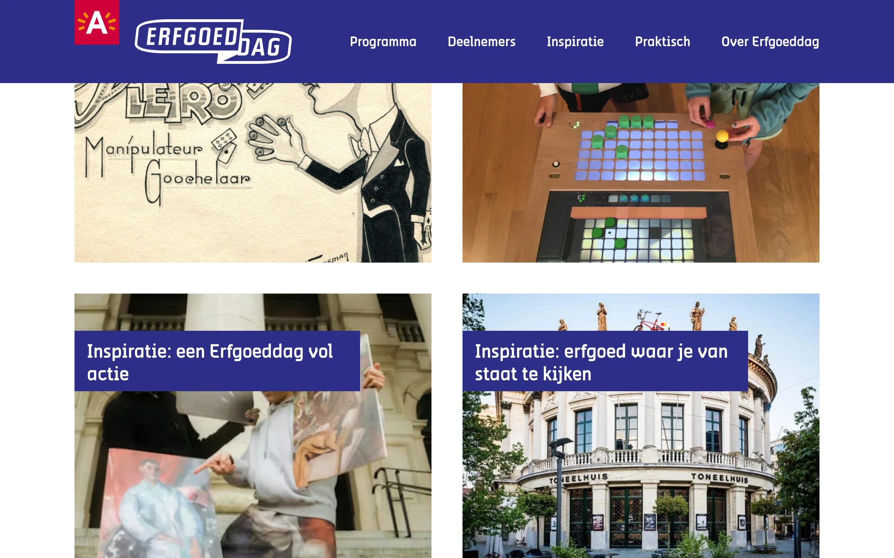 An Internet Archive capture of the Erfgoeddag Antwerpen homepage, showing the theme's card grid of inspiration articles under the blue header