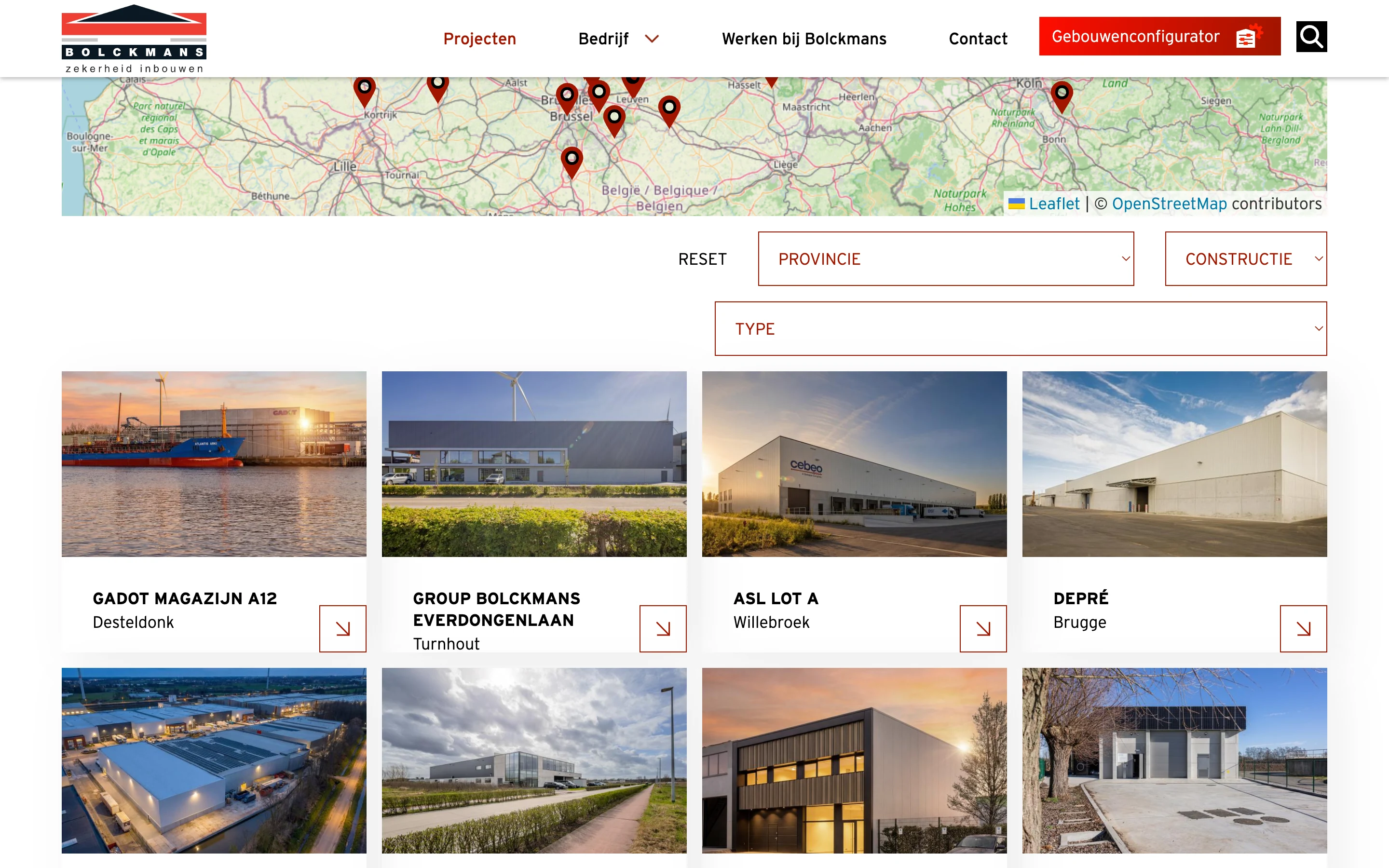 Bolckmans' project catalogue: a map of Belgium with location pins above province, construction and type filters, and a grid of project cards below