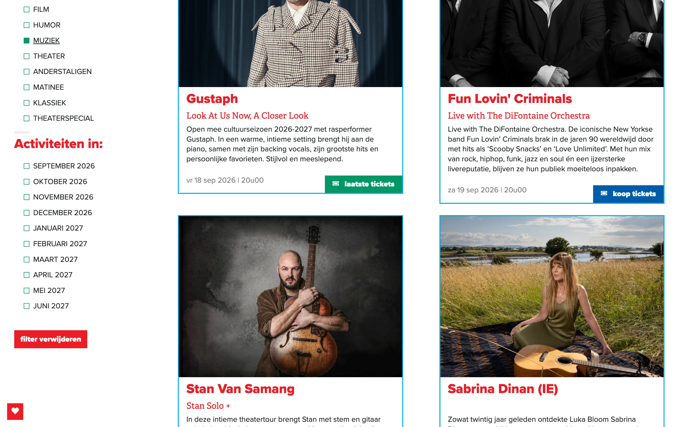 Het Bolwerk's programme page filtered to MUZIEK: a checked genre list in the sidebar, a 'filter verwijderen' button, and a grid of music events