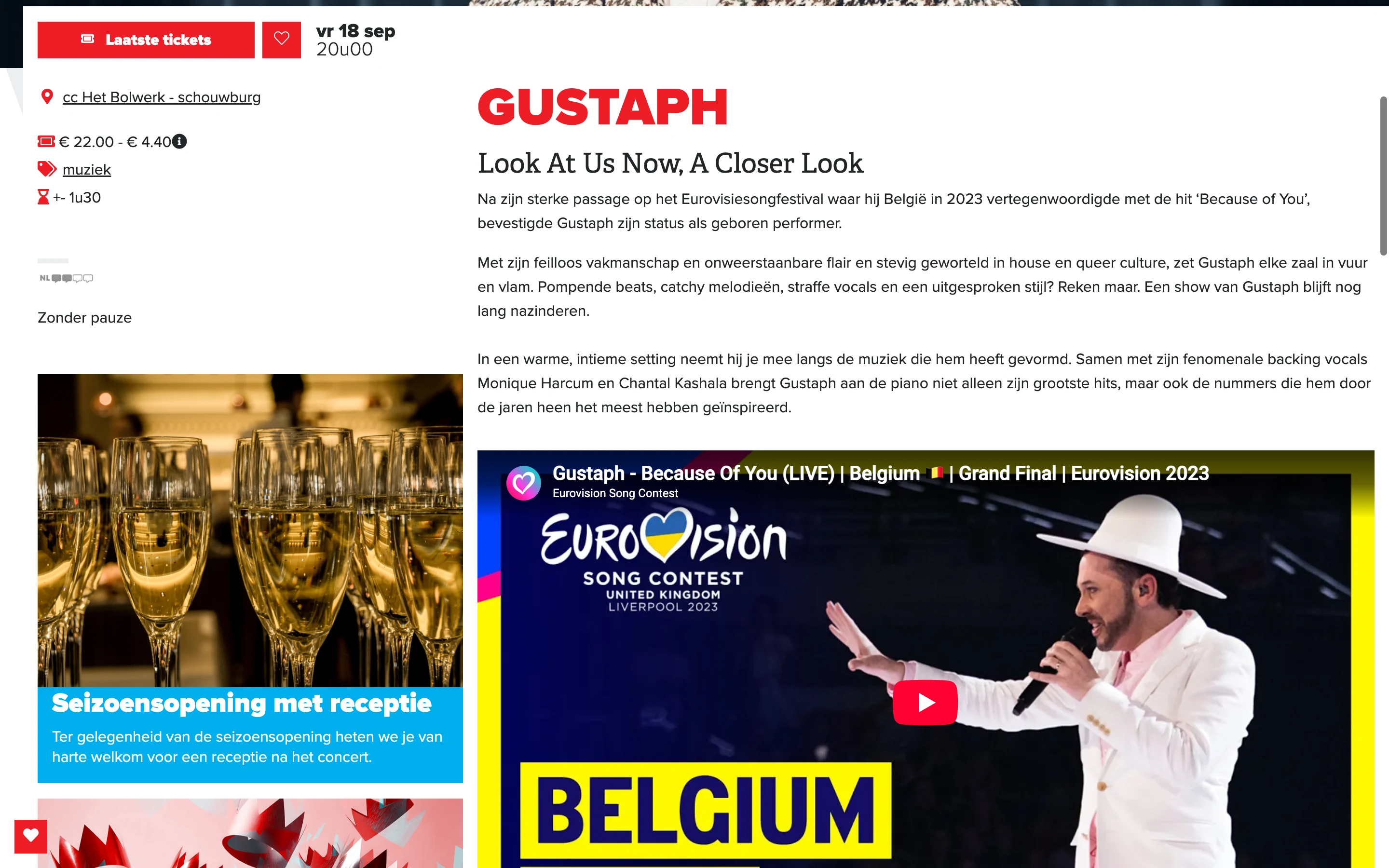 A Het Bolwerk event page; the sidebar lists the venue, price and duration, with the genre 'muziek' as an underlined link