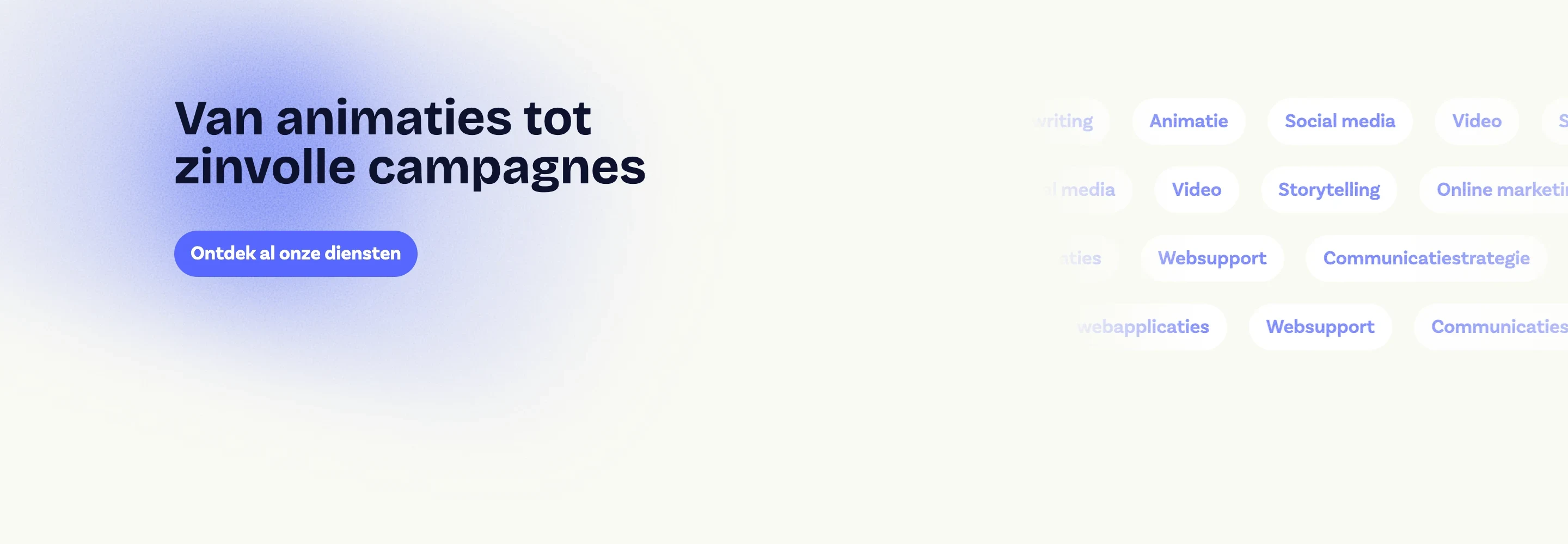 A Volta services section, a soft blue gradient bleeding out behind the heading, with rows of service tags scrolling past