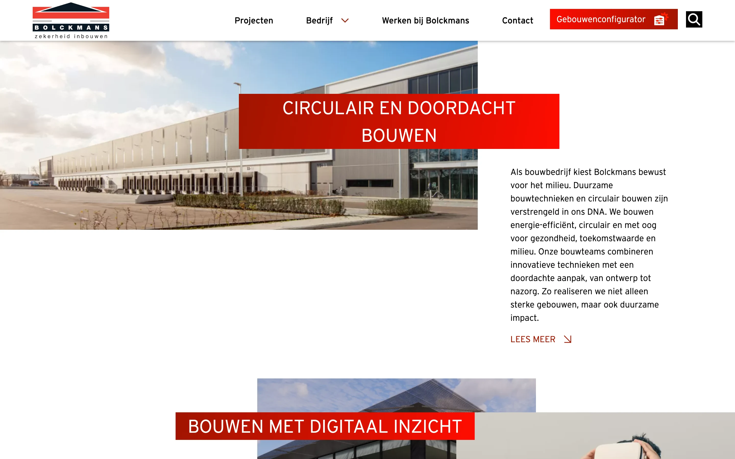 A Bolckmans content section: a wide photograph of a distribution hall sliced on a diagonal, a red banner heading overlapping it, body copy alongside