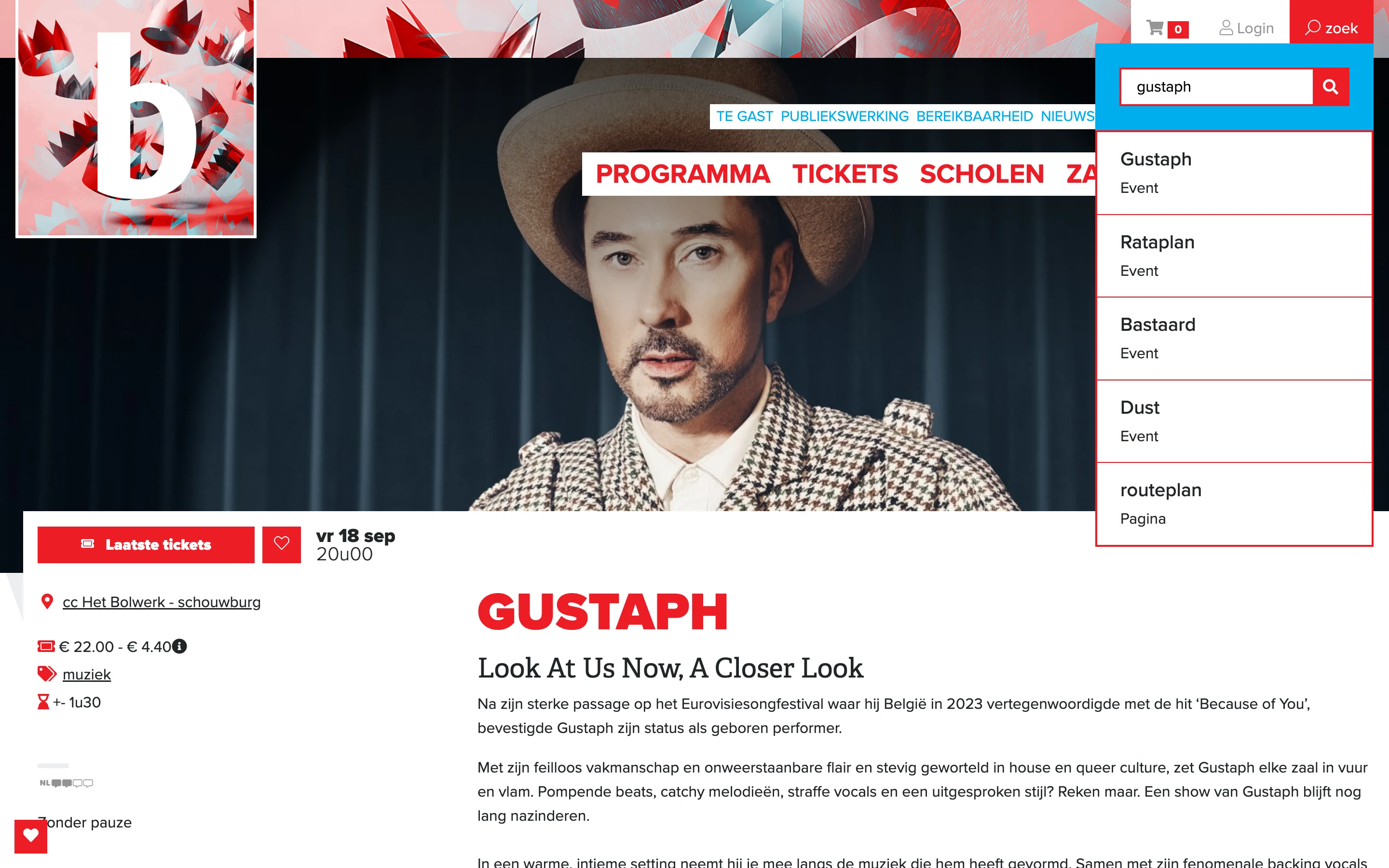 Het Bolwerk's site search open in the header, the query 'gustaph' typed in and a dropdown of matching events and pages beneath it