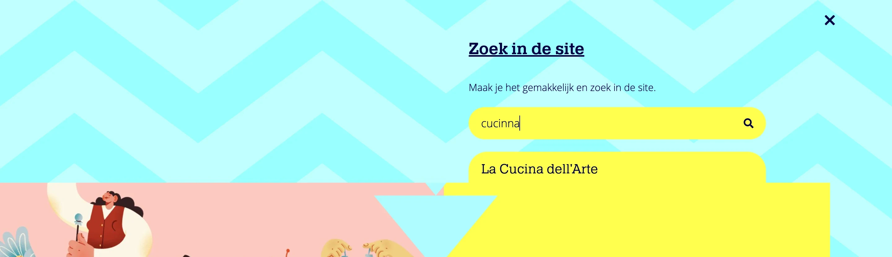 CC Schoten's search panel with the misspelled query 'cucinna' typed in, returning the event 'La Cucina dell'Arte' as its first match